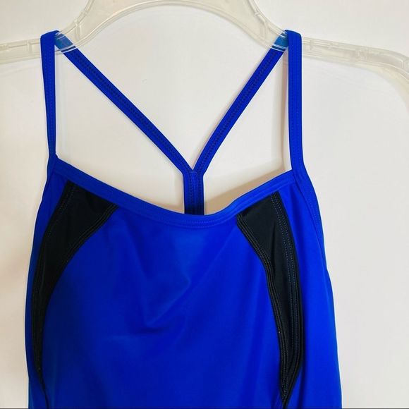 Speedo Blue Racerback Athletic Training One Piece Swimsuit Black Stripe - Picture 7 of 8